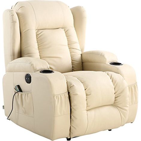 CAESAR CREAM ELECTRIC LEATHER AUTO RECLINER MASSAGE HEATED GAMING WING CHAIR (1/4)