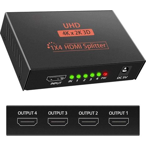 Splitter 1 IN 4 OUT HDMI 3D 4K 1080P - Distributeur 1 x 4 HDCP 1.4 Avec Câble USB - Compatible PC, HDTV, Projecteur, Blu-ray, DVD (1/5)