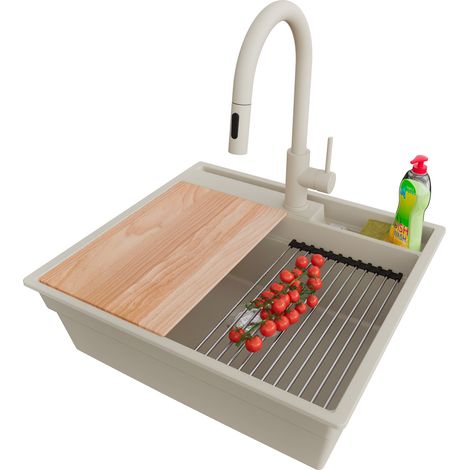 PRIMAGRAN Evier Cuisine en Granit 58x53cm,Lavabo 1 bac + Robinet 40x20cm + Kit de Vidage + Accessoires, Évier à Encastrer au meuble 60cm - Oslo Pocket, Beige (1/5)