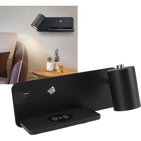 LED-Wandleuchte mit USB-Anschluss und kabelloser Ladefunktion für Handys, GU10, Hintergrundwandleuchte für Wohnzimmer, Nachttischlampe für Schlafzimmer, Leselampe, schwarzer Spot, rechte Seite. (1/5)