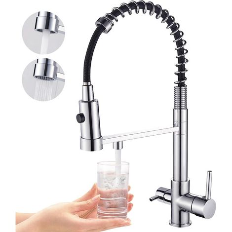 Robinet de cuisine à trois voies, robinet de cuisine extractible, robinet d'évier en laiton, robinet mitigeur de filtre à eau 3 en 1 (chromé) (1/5)