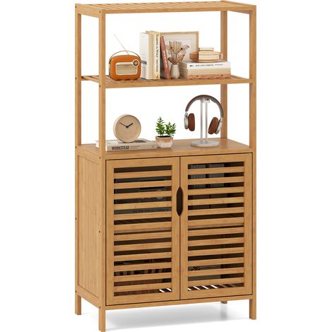 Bibliothèque en Bambou avec Portes, Bibliothèque à 4 Niveaux avec Étagères Ouvertes et Cabinet à Volets, pour Salon, Bureau, Cuisine, 60 x 33 x 116 cm (1/5)