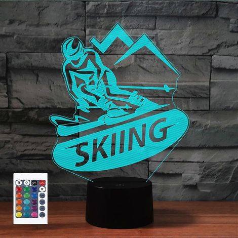 Lampe de chevet LED 3D à effet de ski avec télécommande et 16 couleurs, idéale pour décorer une chambre d'enfant ou comme cadeau d'anniversaire.