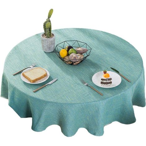Nappe ronde en coton et lin lavable, coloris vert d’eau, 140 cm, style naturel (1/4)