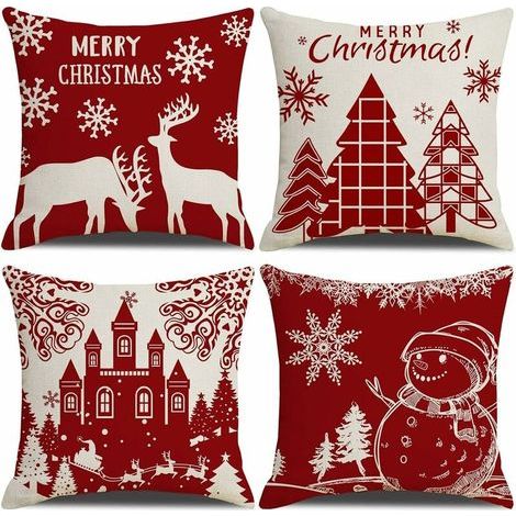Housse de Coussin Noel 45x45cm, Lot de 4 Noël Décoratif Canapé en Coton et Lin Noël pour Canapé Lit Chambre Chaise Jardin-Décoration Noël Rouge (1/5)