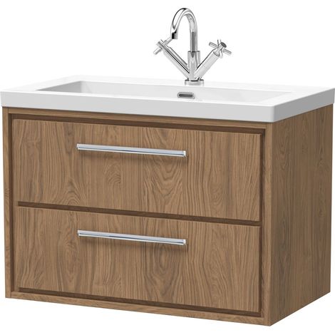 Longnor 2 Drawer Wall Hung Vanity Unit with 1 Tap Hole Modern Fireclay Basin, Antique Oak, 800mm