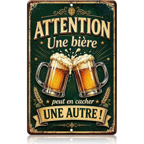 Metal Plaque "Attention Une Bière Can Cacher Une Autre" (30 x 20 cm) - Decorative Metal Plaque for Bar and Kitchen Decoration, Beer Gift, Decorative Metal Plaque (1/5)