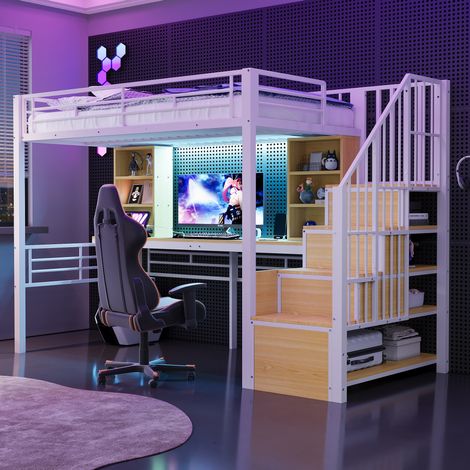 Bett Hochbett mit Stauraum 90x200 Schreibtisch OKMYHOME (1/4)