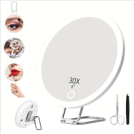 Miroir grossissant avec éclairage x30, miroir de maquillage lumineux de 13,2 cm avec 3 modes de couleur et grossissement x30, grand miroir grossissant de voyage (1/4)