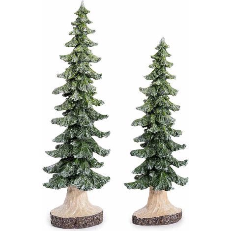 Decorazioni ad albero di Natale / Pino natalizio ad effetto legno con neve, glitter e base tronco realizzati in resina, Grande: cm 16x11,5x47,5 H