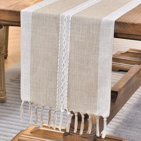Broderie Coton Lin Chemin de Table Intérieur Extérieur Ferme Style Café Chemin de Table 120cm avec Glands à la Main pour la fête, Salle à Manger, Décorations de Cuisine(Café, 120cm) (1/4)