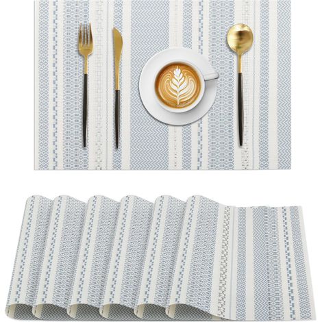 Lot de 6 sets de table PVC jacquard 45x30 cm, lavables, anti-taches, résistants à la chaleur et antidérapants, bleu clair. (1/5)