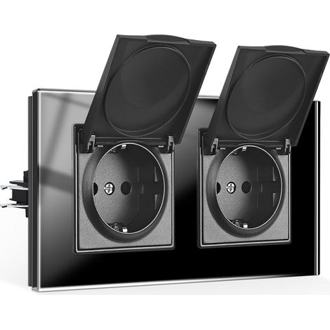 Double Prise Schuko Étanche Avec Couvercle Rabattable, Encastrée Avec Griffes, Verre Noir, Contact de Protection, 16 A, 250 V (1/5)