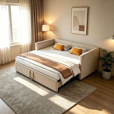 Ausziehsofa 90/180200, gepolstertes Bett mit Rückenlehne und Armlehnen, Samt mit Lattenrost – Für Jugendliche und Gäste, ohne Matratze