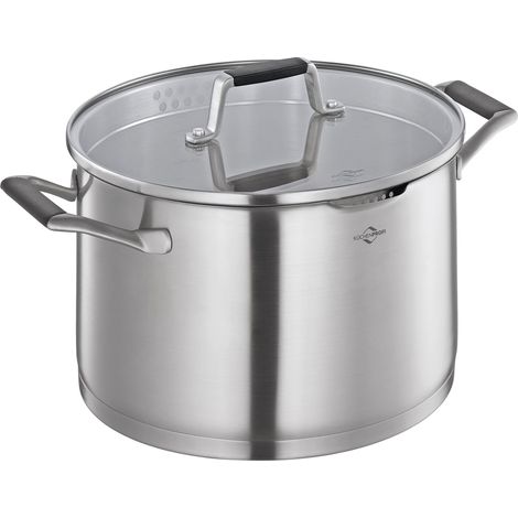 Faitout en acier inoxydable avec couvercle en verre de sécurité, convient à l'induction, bec verseur, casserole avec passoire fine et grossière, fond multicouche, Ø 24 cm (1/5)