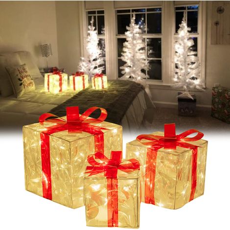 3er-Set beleuchtete Weihnachtsgeschenkboxen, transparente Leuchtboxen mit roten Schleifen, Weihnachtsbaumschmuck, Weihnachtsfeier, Festtagsdekoration (1/4)