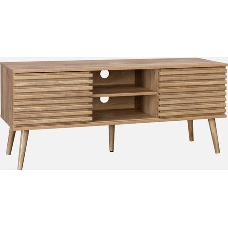 Mueble TV escandinavo 2 puertas con decoración madera acanalada, 120cm (1/5)