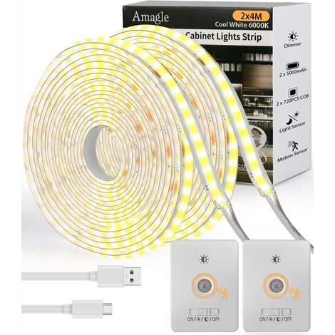 2 Pièces 5000mAh 4M COB Ruban Bande LED USB Blanche Chambre Lumiere Pile Interieur Nuit Veilleuse Détecteur de Mouvement Rechargeable Bandeau LED Strip Lights TV Escalier Placard Lampe Sans Fil (1/5)