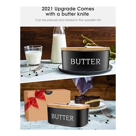 Grand beurrier en céramique avec couvercle et couteau, boîte à beurre avec joint en silicone pour plan de travail, décoration et cadeau de cuisine noir (1/5)