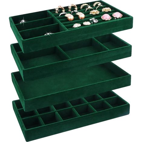 Ensemble de rangement pour bijoux 4 pièces, organisateur de tiroir empilable, idéal pour ranger boucles d'oreilles, bracelets, colliers, montres, cosmétiques, bagues et autres bijoux. Vert. (1/5)