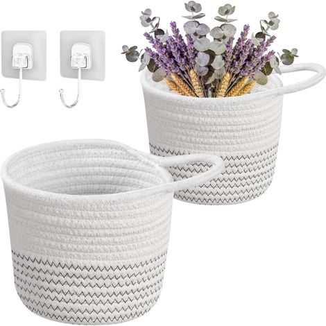 Lot de 2 paniers suspendus en corde de coton tressé avec crochets - 15 x 15 cm - Panier de rangement à suspendre pour cuisine, salle de bain, chambre à coucher, salon (blanc + noir) (1/5)