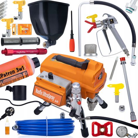 Rosfix Set Tornado RT4 UltraSpray – Airless Farbspritzgerät 3000 W, 22 MPa, 3,2 l/min 6 l Tank, 2 Düsen, 5 Filter Für Innenwände & Möbel Profi Lackiergerät