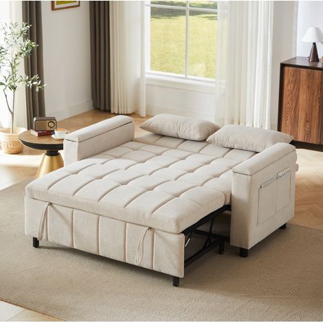 3-in-1 2-Sitzer-Schlafsofa mit Stauraum in den Armlehnen, beiger Chenille HAVRYA (1/5)