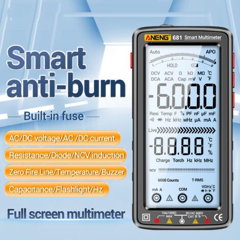 Multímetro digital de 6000 cuentas, sistema inteligente anti-quemaduras, medidor universal recargable, comprobador NCV, gran pantalla LCD de 5 pulgadas con linterna retroiluminada para voltaje y corri (1/5)