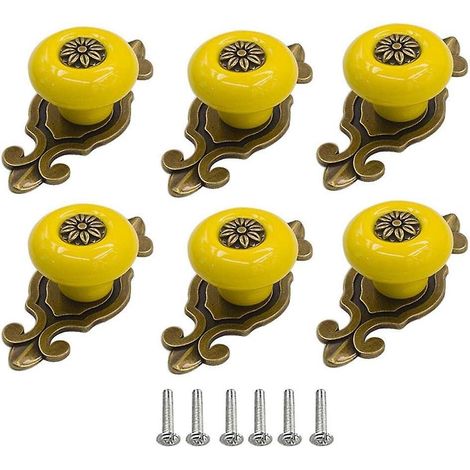 Lot de 6 poignées rondes en céramique pour commode, tiroir, armoire, chambre d'enfant - Jaune (1/5)