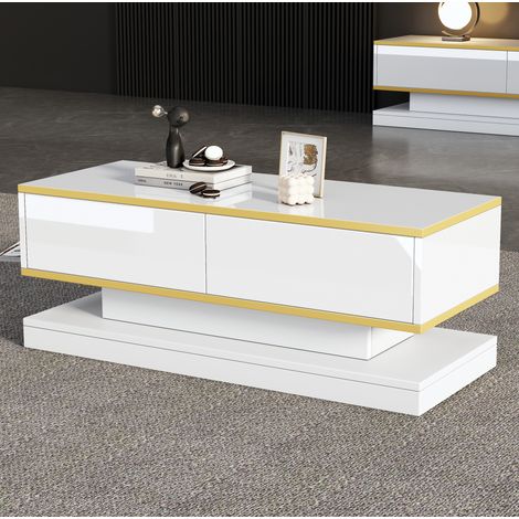 Mesa de centro 100x50x38 cm blanco cálido y dorado, 2 cajones, aglomerado MEUBLIV (1/5)