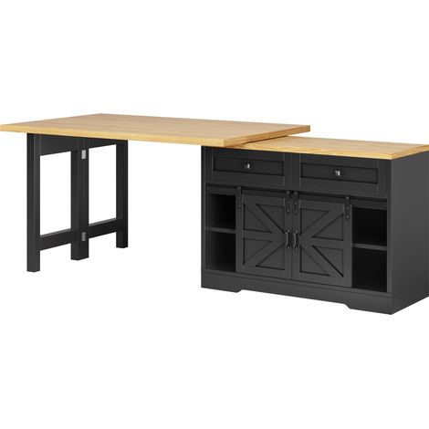 Isola cucina multifunzione 2 in 1 in MDF nero con tavolo estraibile e credenza laterale (1/5)