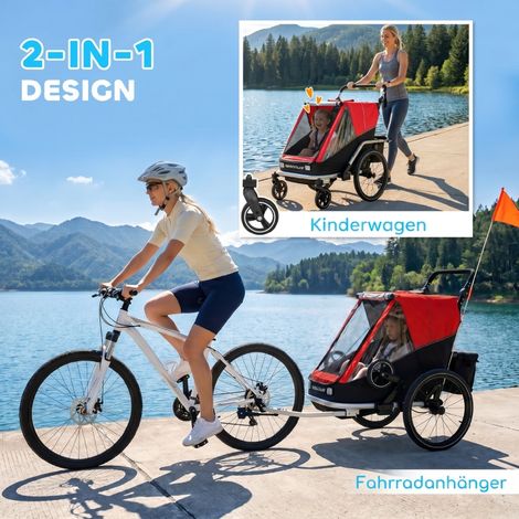Remorque vélo pour enfants 2 sièges, convertible et repliable, rouge, avec harnais ajustables et fixation vélo (1/5)