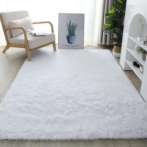 Tapis de Salon Shaggy 160 x 200cm en Peluche Blanc Fibre de Polypropylène Souple Tapis Antidérapante