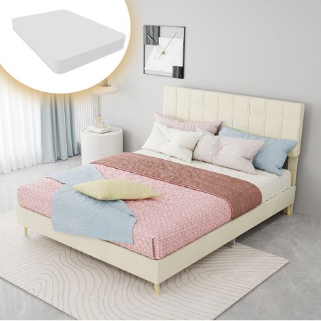 Letto matrimoniale 205x140x127 cm, testiera imbottita a quadri, struttura stabile, gambe in legno, tessuto e metallo beige (1/5)
