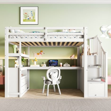 Lit mezzanine blanc 90x200 cm avec bureau intégré, échelle de rangement et deux tiroirs de rangement