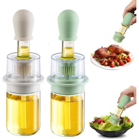 Dispensador de aceite con pincel - 2 en 1 - 180 ml - Dispensador de aceite de oliva - Botella para vinagre - Pincel de repostería de silicona - Cocina - Barbacoa - Ensaladas - Repostería - Blanco - Bo