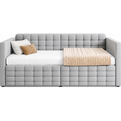 CHICFURN Canapé-lit 1 place 90x190 en velours gris clair avec 2 tiroirs de rangement, poches latérales et sommier à lattes, lit de jour pour chambre d'amis (1/5)