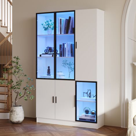 Meuble rangement vitrine 120x35x200 LED blanc OKMYHOME (1/5)