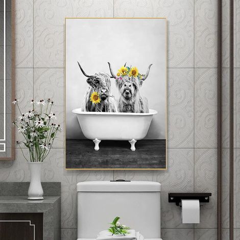 Cadre Toile Noir et Blanc Rétro Créatif Animaux Yak Baignoire Décoratif Mur Sans Cadre 30x40cm Salle de Bain WC Peinture Accrochage Intérieur (1/5)