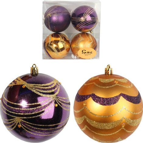 Set mit 4 Kunststoffkugeln mit Glitzerverzierung, 10 cm – Gold und Lila (1/5)