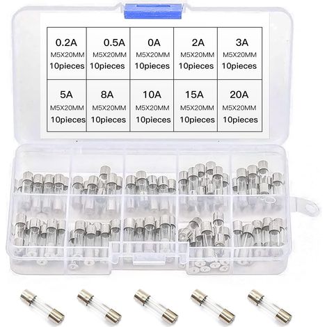 Fusible En Verre - 5 x 20 mm - 100 Pièces Assorties 0,2 A à 20 A - Boîte De Rangement (1/5)