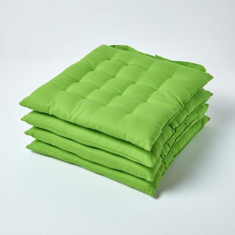 HOMESCAPES Lime Green Plain Seat Pad with Straps 100% Cotton 40 x 40 cm, Set of 4