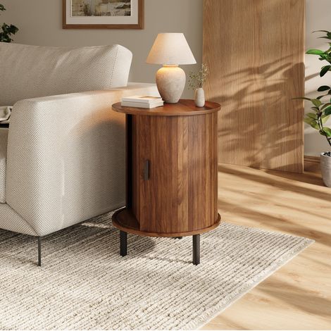 Meuble d'appoint rond en PB et MDF 48 x 48 x 65 cm, porte coulissante, noyer (1/5)