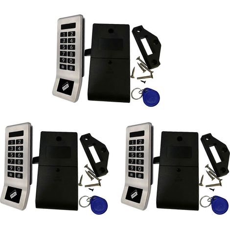 Trois serrures à combinaison numériques électroniques RFID et à clavier pour portes d'armoires, avec poignées, en acier inoxydable. (1/5)