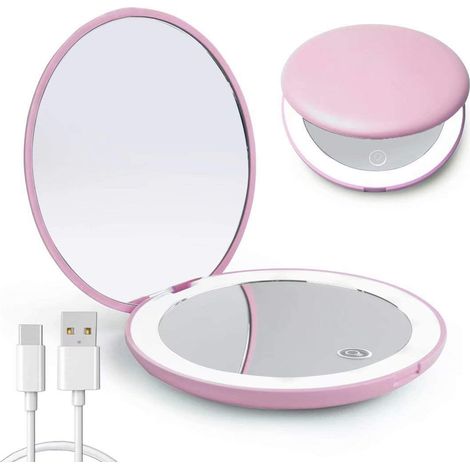 Miroir grossissant compact à LED, rechargeable, grossissement 1x/10x, miroir de voyage avec lumière, petit miroir de maquillage, miroir de poche pour sac à main, miroir double face portable, intensité (1/5)