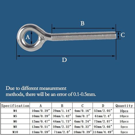 Boulon à Oeil M6 10pcs Vis à Anneau en Acier Inoxydable 304 A2-70 Tige Filetée Piton à Visser pour Fixation et Suspension (1/5)