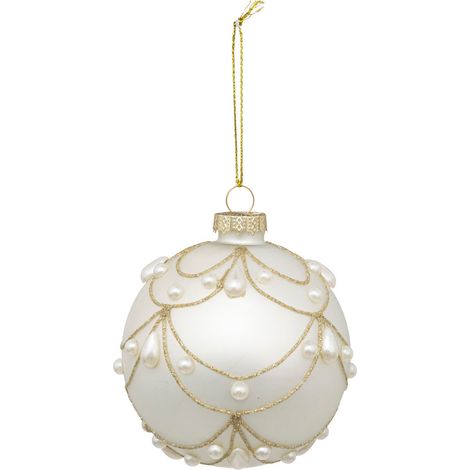 Déco Sapin Boule de Noël en Verre D 8 cm blanc drapé décor doré et perle - Feeric Christmas