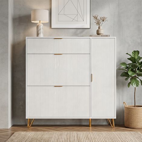 Meuble à chaussures moderne,Meuble Chaussure Bois, avec 3 Tiroirs Rabattables et 1 Armoire latérale,Meuble à Chaussures Pieds et poignées en métal,110 x 118.5 x 24 cm (l x H x P),Blanc