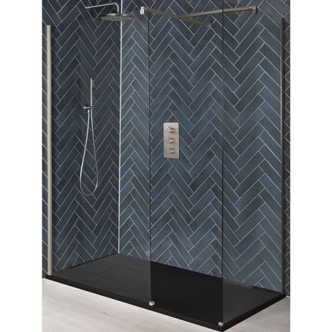 Milano Hunston Brushed Nickel Corner Walk In Wet Room Shower Enclosure with Screens Support Arms and Graphite Slate Effect Tray - 1500mm x 800mm (1/5)
