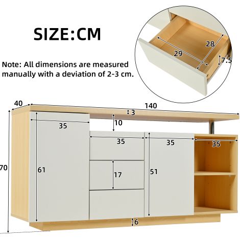 Aparador de 140 cm con iluminación LED, 2 puertas, 3 cajones y 2 compartimentos abiertos para salón y comedor, blanco y color madera